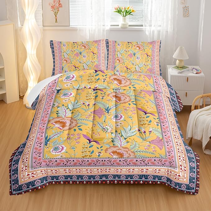 Retro Plants Comforter Sets Queen Size,Flower Pattern Bedding Set for Your Room,Rectangle Abstract Soft Lightweight Quilted Set All Season 1 Comforter and 2 Pillowcases