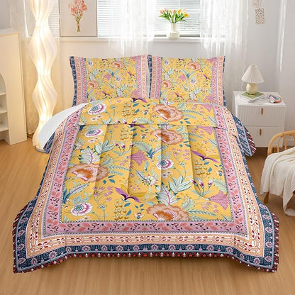 Retro Plants Comforter Sets Queen Size,Flower Pattern Bedding Set for Your Room,Rectangle Abstract Soft Lightweight Quilted Set All Season 1 Comforter and 2 Pillowcases
