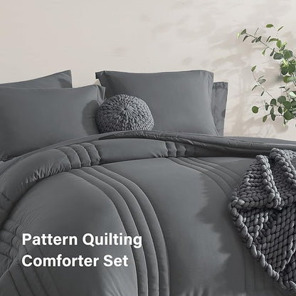 Monbix Twin XL Size Comforter Set - Extra Long 5 Pieces Dorm Bedding Sets, Quilting Design Fluffy Bed in a Bag Twin XL with Sheets, Pillowcase & Sham(Grey)
