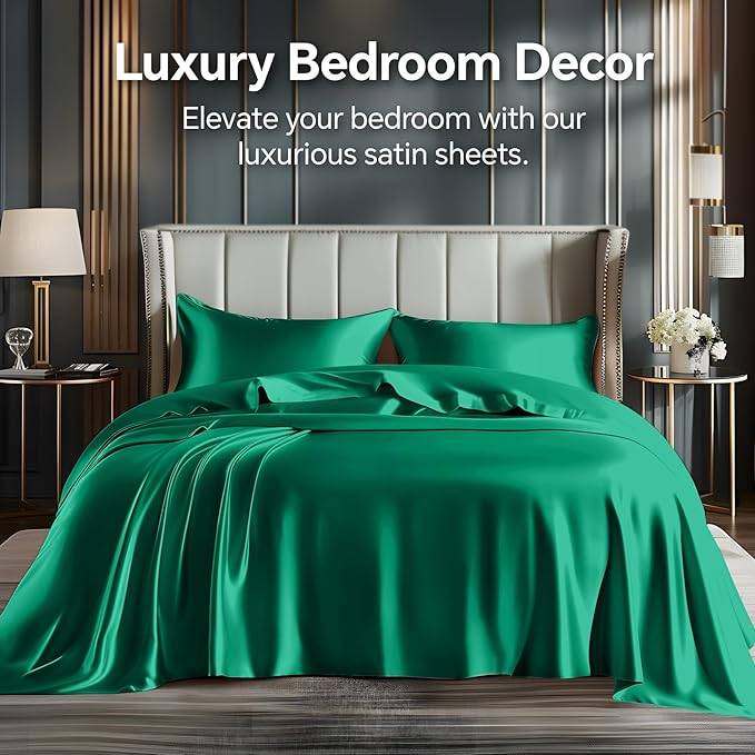 BEDELITE King Size Sheets Set, Luxury Soft Dark Green Satin Sheets for Hair and Skin, Similar to Silk Bed Sheets Set 4 Pieces with 1 Deep Pocket Fitted Sheet, 1 Flat Sheet, and 2 Pillowcases