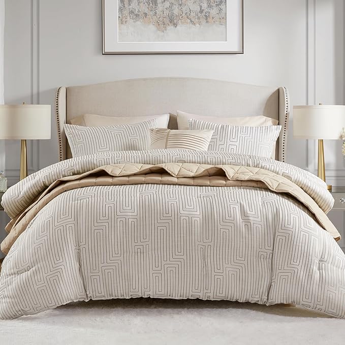 Madison Park Cal King Comforter Set Jacquard Metallic Thread Comforters, All Season Comforter & Quilt Bed Set Cal King Size Comforter, Pillow, Shams, Royce, Cal King Ivory 5 Piece