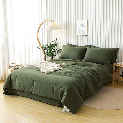 COTTEBED Ultra-Soft Twin Comforter Set with Sheets - 5 Pieces Bed in a Bag Twin Down Comforter & Bedding Sheet Sets, Lightweight Boho Washed Polycotton for Kids Boy Girls All Season, Dark Olive Green