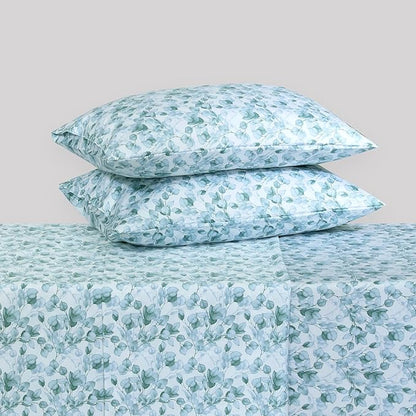 Feather & Stitch 500 TC Split King Size Sheet Set, 5 Piece Bed Sheets Set-2 Twin Fitted Sheet, 1 King Flat Sheet & 2 King Pillowcases, 18" Deep Pockets Sateen Weave Striped Bedsheet - Green Leaf