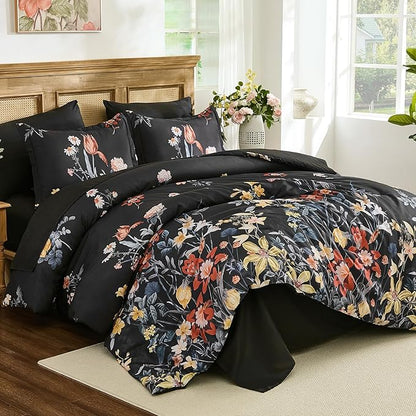 WONGS BEDDING King Comforter Set 7 Piece, Black Floral Bed in a Bag Bedding Set with Botanical Flowers Patterns, Soft Lightweight Complete Comforters with Sheets for All Season