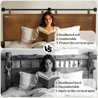 BSHOMGI Queen Headboard, Hanging Headboards with Brown Faux Leather Industrial Pipe Modern Style Only for Bed Backboard Headboards for Queen Size Bed