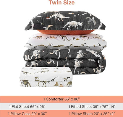 Grey Dinosaur Twin Comforter for Boys, 5 Pieces Kids Bedroom Bedding Set with Sheets and Pillowcase, Super Soft Lightweight for All Seasons, Machine Washable
