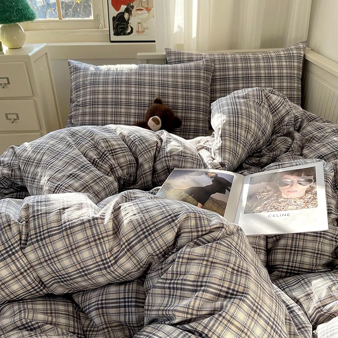 mixinni Queen Duvet Cover Set - 3 Piece Vintage Buffalo Plaid Bedding, 100% Washed Cotton Duvet Cover with 2 Pillowcases, Soft & Breathable Navy Beige White Geometric Grid Pattern for All Seasons