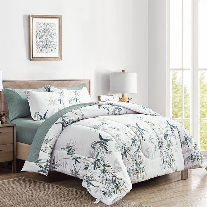7 Piece Bed in a Bag King Comforter Set with Sheets, Green Leaves on White Botanical Design Bedding Sets for All Season (1 Comforter, 2 Pillow Shams, 1 Flat Sheet, 1 Fitted Sheet, 2 Pillowcases)