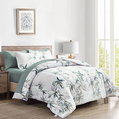 7 Piece Bed in a Bag King Comforter Set with Sheets, Green Leaves on White Botanical Design Bedding Sets for All Season (1 Comforter, 2 Pillow Shams, 1 Flat Sheet, 1 Fitted Sheet, 2 Pillowcases)