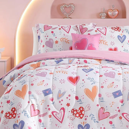 Twin Comforter Set for Girls-3 Pieces Heart Twin Bedding Set with 1 Comforter, 1 Decor Pillow, 1 Pillow Sham