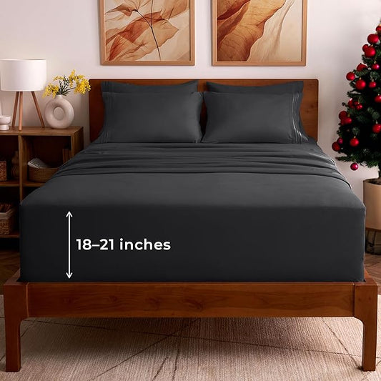Mellanni King Sheet Set - 6-Piece Iconic Collection Bedding, (Including 4 Pillowcases), 21-Inch Extra Deep Pocket, Easy Care, Ultra Soft, Cooling Sheets, Brushed Microfiber - Black