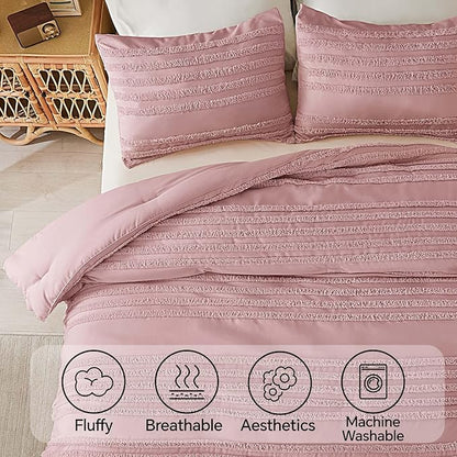 BEDELITE Boho Twin/Twin XL Comforter Set，Dusty Pink Tufted Striped Bed Set 2 Pieces, Soft Vintage Farmhouse Comforter for College, Boho Home Dorm Decor, Fluffy Jacquard Bedding with 1 Pillow Sham