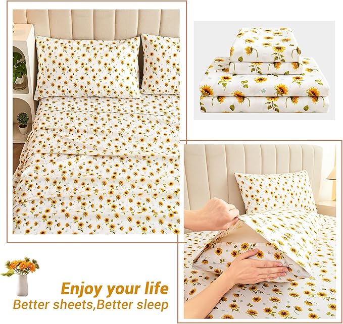 Softan Yellow Floral Sheet Set King, Sunflower Printed Bed Sheets King, Brushed Microfiber Fitted Sheet with 15" Deep Pocket & Non-Slip Straps, Yellow Flower Patterned Sheet & Pillowcase Sets
