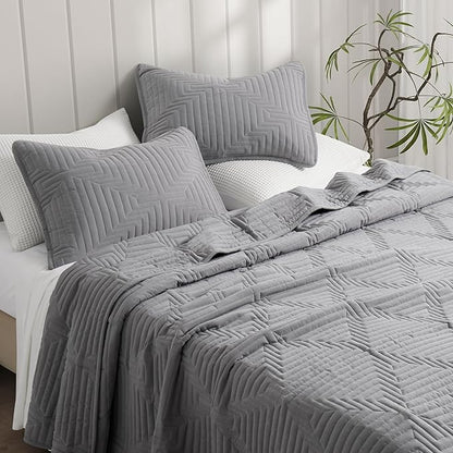 Oli Anderson Twin Quilt Set, Grey Lightweight Soft Bedspread Coverlet, Basket Weave Pattern Bedding, 2PCS Modern Geometric Stitching Textured Comforter Sets (1 Quilt and 1 Pillow Sham)