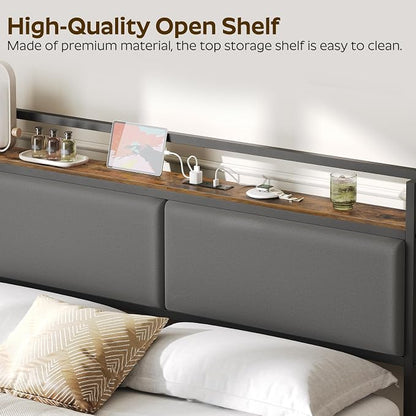 Queen Size Headboard Only with Storage Shelves, Upholstered Headboard with Charging Station, Height Adjustable, Sturdy and Stable, Vintage Style, Rustic Brown, Gray and Black
