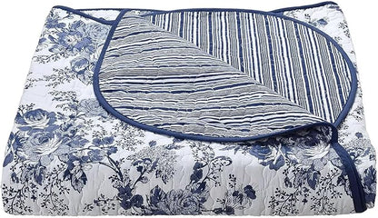 Wonderful 100% Cotton Blue Floral Quilt Set Queen Size Bedding Sets with Pillow Shams and Bed Skirt, 4 Pieces Floral Bedspread Coverlet, Quilted Blanket Bed Cover for All Season, 88"x90"