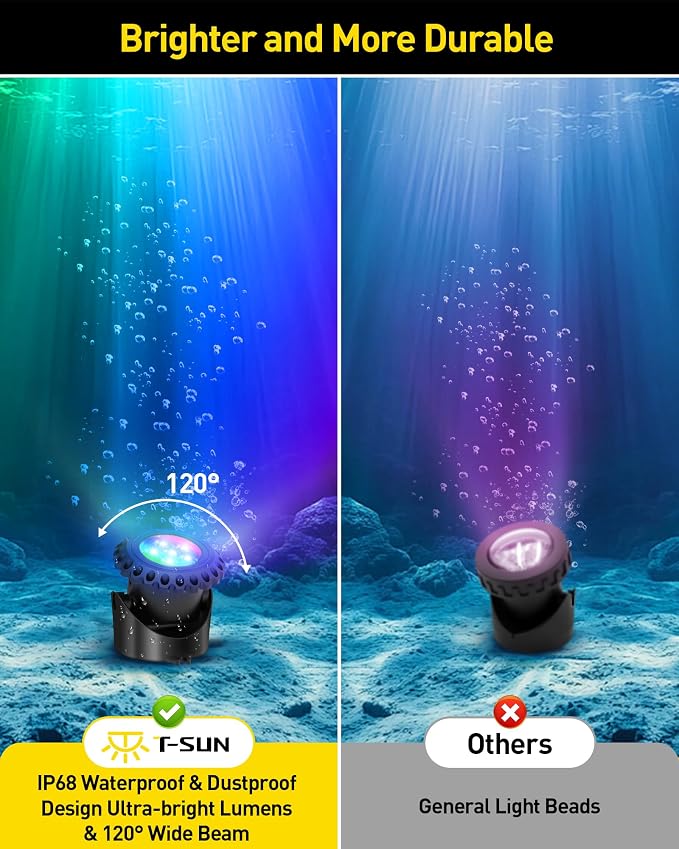 T-SUN Colored Underwater Pond Lights with APP & Remote Control 6 Pack | IP68 Waterproof Submersible Fountain Lights, Dimmable Timer Pond Lights Led Underwater for Outdoor Pond Fish Aquarium Garden