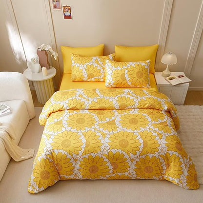 Houseri Yellow Floral Comforter Set King 3 Piece Yellow Sunflower Bedding King Size Lightweight Modern White and Yellow Botanical Bed Set Soft Comfy Quilt Blanket King