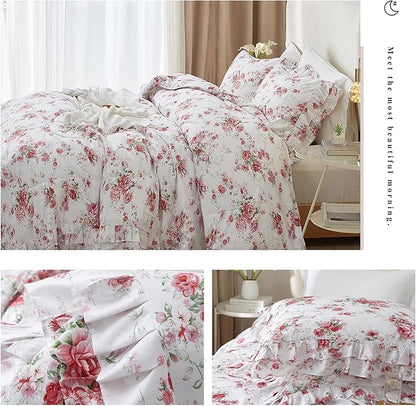 VM VOUGEMARKET Ruffle Comforter Set Twin XL Red Rose Flower Comforter Romantic Floral Bedding Set Soft Microfiber Botanical Bedding Comforter Set 1 Flower Ruffled Comforter with 2 Pillowcases