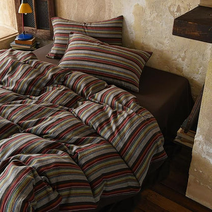 EAVD Retro Striped Duvet Cover Set Twin Soft 100% Cotton Muslin Bohemian Colorful Vertical Striped Bedding Set with 2 Pillowcases Rustic Farmhouse Style Geometric Pattern Duvet Cover with Zipper