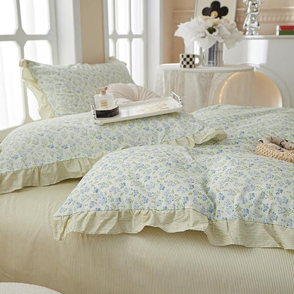 HighBuy Blue Floral Comforter Set Twin XL with Lace Edge Reversible Stripes Ruffled Comforter with 2 Lace Pillowcases Fluffy Coquette Cottagecore Botanical Bedding Comforter for Teen Girls