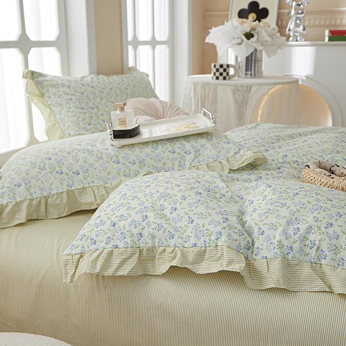 HighBuy Green Ruffle Comforter Set Queen Lace Edge Blue Flower Bedding Comforter Set Coquette Cottagecore Bedding Set with 1 Romantic Comforter 2 Lace Pillow Shams for Teen Girls All Seasons