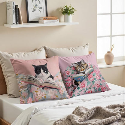 Funny Cat Reader Book Pillow Cover 18 x 18 Set of 2, Preppy Floral Black Orange Tabby Tuxedo Cats Bookish Pillowcase, Gifts for Book Lovers, Reading Nook Corner Decor