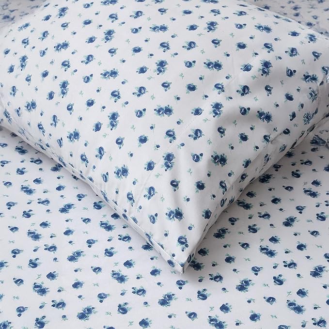 Modern Threads 4-Piece Ultra Soft Microfiber Bed Sheets Set, Wrinkle Free Sheets with Deep Pockets Fitted Sheet, Flat Sheet & Pillowcases, Lightweight Breathable Bedding, Blue Roses, California King