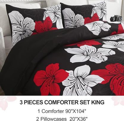Menghomeus Black Red Floral Comforter Set King Soft Comforter Botanical Bedding Sets Modern Lightweight Boho Bed Set for Women Adults Teens (1 Comforter, 2 Pillowcases)