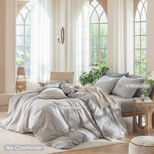 MooMee Bedding Duvet Cover Set 100% Washed Cotton Linen Like Textured Breathable Durable Soft Comfy (Solid Tan, King 104"x90")