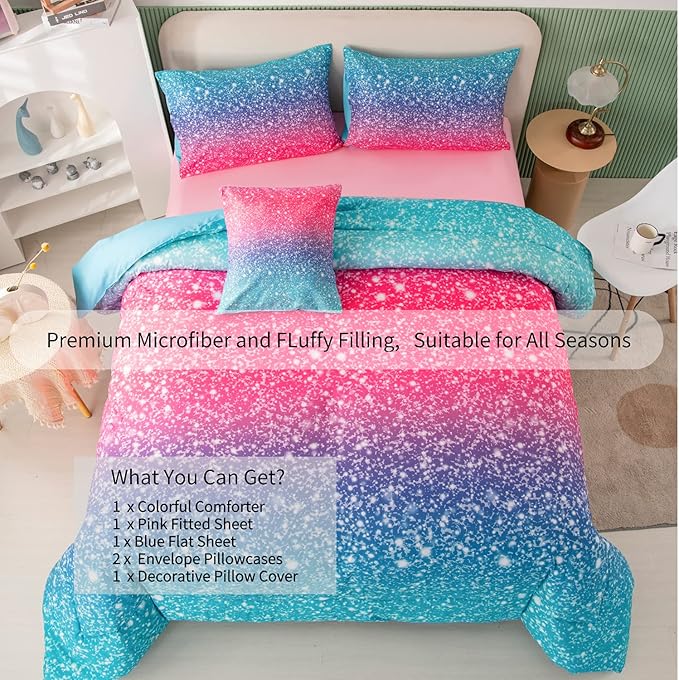 RYNGHIPY 6Pcs Gradient Glitter Comforter Sets for Teen Girls Full Size, Colorful Rainbow All-Season Coverlet Set, Ultra Soft Bedding Collections