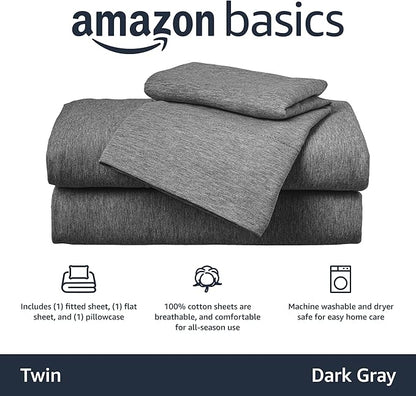 Amazon Basics Breathable, Stretchy 3 Piece Bed Sheet Set, 100% Cotton Jersey Knit, Includes Flat and Fitted Sheets, Pillowcase, Machine Washable, Twin, Dark Gray, Solid