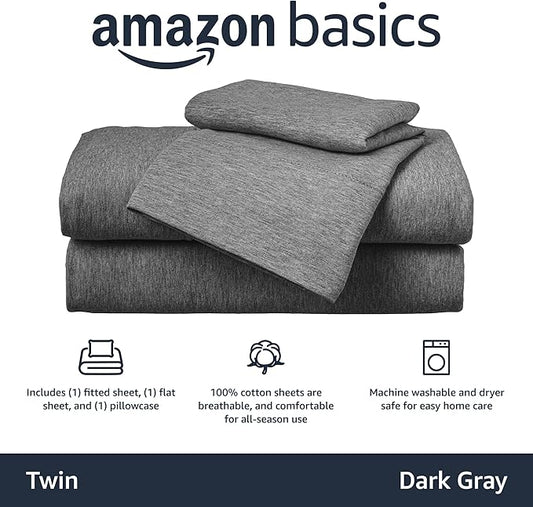 Amazon Basics Breathable, Stretchy 3 Piece Bed Sheet Set, 100% Cotton Jersey Knit, Includes Flat and Fitted Sheets, Pillowcase, Machine Washable, Twin, Dark Gray, Solid