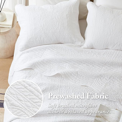 Madison Park Queen Quilt Set Damask Coverlet Set for Queen Size Bed, Cottage Oversized Quilt Set, Scallop Edge, All Season, Pre-washed Cotton-Filled Queen Size Quilt, Tuscany, Full/Queen White 3 Piece