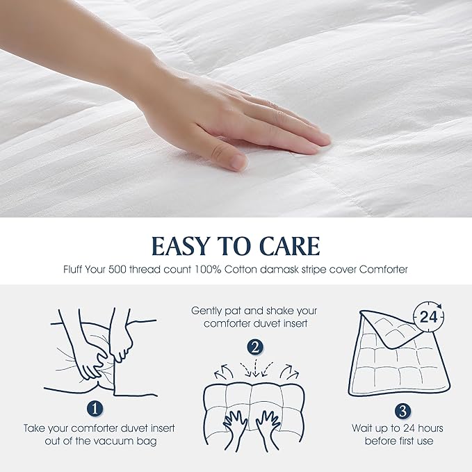 Blue Ridge Home Fashions 500 Thread Count Cotton Damask Duraloft Striped Down Alternative Lightweight Duvet Bed Comforter, Full/Queen, White