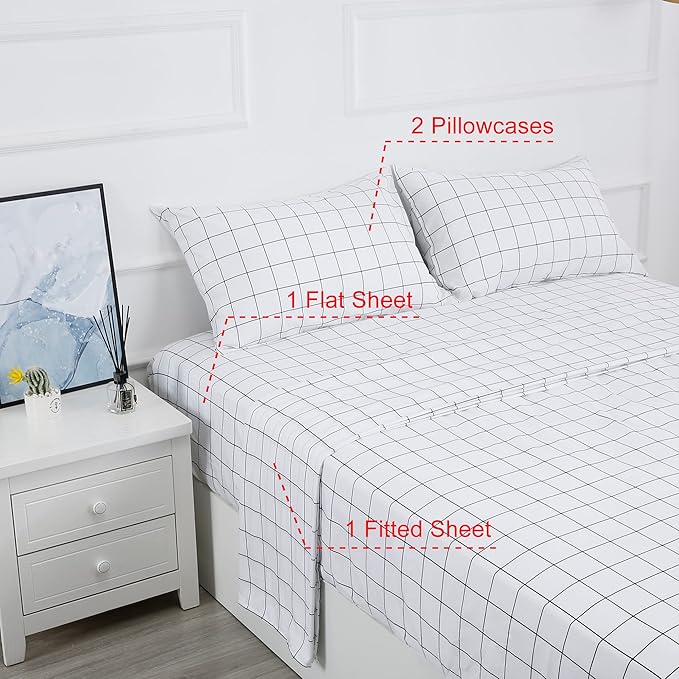 Best Season Printed Plaid Bed Sheet Set 4 Pieces - Queen Size - Double Brushed Microfiber Super Soft Breathable Bedding Sheets Black Grid
