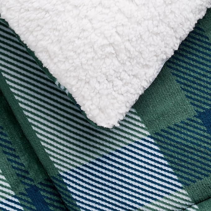Amazon Basics 3-Piece Ultra-Soft Micromink Sherpa Fleece Bedding Set, Warm All Season Comforter, Full/Queen, Green Plaid