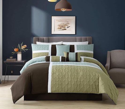 Chezmoi Collection 7-Piece Quilted Patchwork Comforter Set, Coffee Brown/Aqua Blue/Sage Green, King