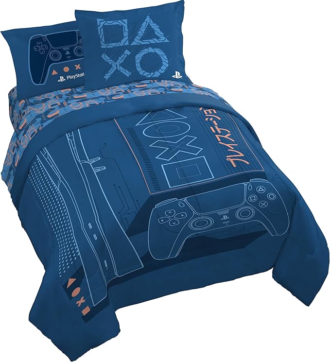 Jay Franco Kids Comforter Set Includes Sheets and Pillow Covers - Soft and Cozy Bed Set for Stylish Room Decor, Official Licensed Bedding, Blue - PlayStation, 7 Piece Queen