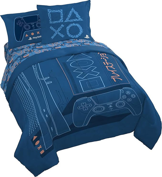 Jay Franco Kids Comforter Set Includes Sheets and Pillow Covers - Soft and Cozy Bed Set for Stylish Room Decor, Official Licensed Bedding, Blue - PlayStation, 7 Piece Queen