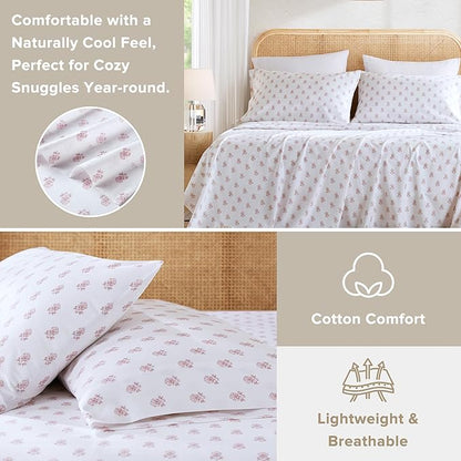 Comfort Spaces 100% Cotton Sheets King, Breathable, Naturally Cool Cotton Sheets, Soft Cotton Bed Sheets with 14" Elastic Pocket Fits up to 16" Mattress, All Seasons Sheet Set, Floral Pink 4 Piece
