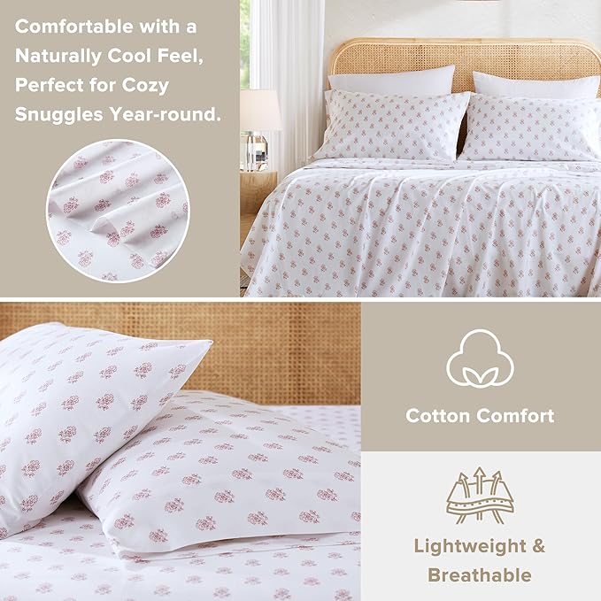 Comfort Spaces 100% Cotton Sheets Full, Breathable, Naturally Cool Cotton Sheets, Soft Cotton Bed Sheets with 14" Elastic Pocket Fits up to 16" Mattress, All Seasons Sheet Set, Floral Pink 4 Piece