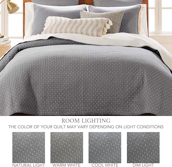 Levtex Home Cross Stitch Reversible Full/Queen Quilt Set (88x92in) and 2 Pillow Shams (26x20in) - Stitch Texture - Grey and White - Cotton Queen Size Quilt Bedding Set - Lightweight Soft Pre-Washed