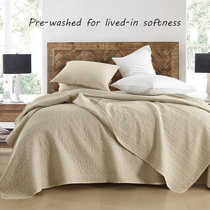 HORIMOTE HOME Quilt Set King Size Brich Beige, Classic Geometric Spots Stitched Pattern, Pre-Washed Microfiber Chic Rustic Look, Ultra Soft Lightweight Quilted Bedspread for All Season, 3 Pieces