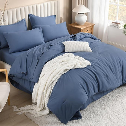 Litanika California King Comforter Set Ocean Blue - 7 Pieces Bed in a Bag Cal King Bedding Comforter Sets, Plain Lightweight Bed Set with Comforter, Sheets, Pillowcases & Shams