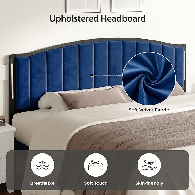 Headboard for King Size Bed with LED Lights, Upholstered Vertical Channel Tufting Head Boards, Velvet Headboard Only, Study & Comfortable, Ideal for Bedroom, Dorm, Guest Room, Blue