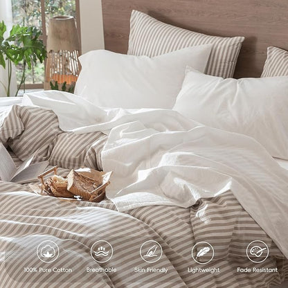 MooMee Bedding Sheet Set 100% Washed Cotton Linen Like Textured Breathable Durable Soft Comfy (Solid Off White, Full)