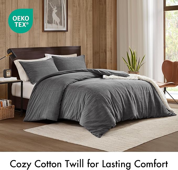 Woolrich King Duvet Cover Set Cotton Stone Washed, Oversized Duvet Cover for King Size Bed, All Season Soft King Size Bedding Cover, McKenzie, King/Cal King Grey 3 Piece