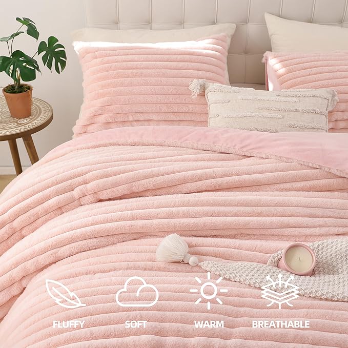 Smoofy Fluffy Twin Comforter Sets 2 Pieces - Blush Pink Fleece Fluffy Comforter Set, Luxury Fuzzy Twin Bedding Set, Soft Twin Size Comforter All Season, Heavy Faux Fur Comforter with Pillow Cases