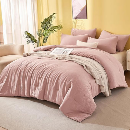 King Size Comforter Set Dusty Rose - Double-Layer Crinkle Gauze Bed Set, 3 Pieces Soft Bedding Set for All-Season, Lightweight Warmth with 2 Pillowcases